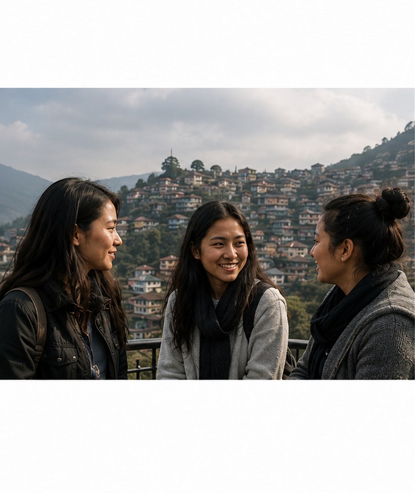 Trois jeunes femmes discutant, Himalaya oriental — photographie d'illustration