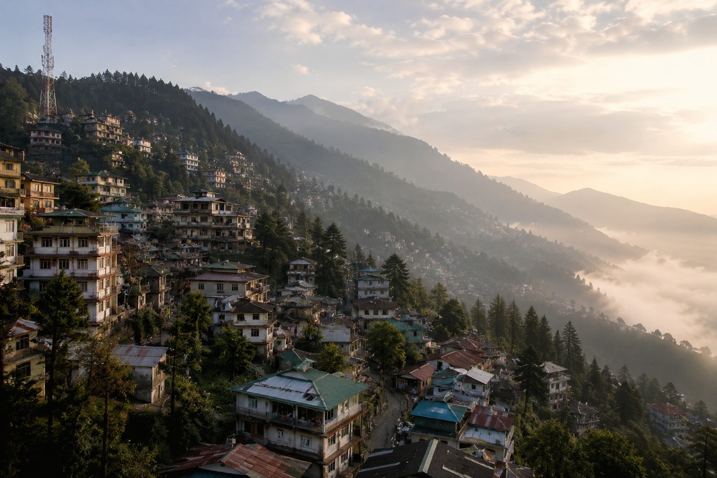 Vue de Darjeeling avec ses bâtiments d'inspiration coloniale française et britannique, sommets himalayens en arrière-plan