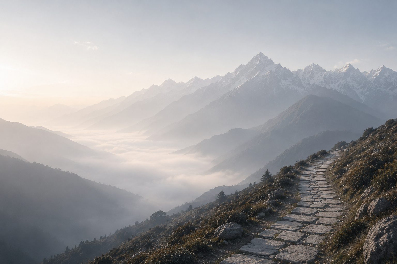 Chemin de montagne dans l'Himalaya oriental au lever du jour