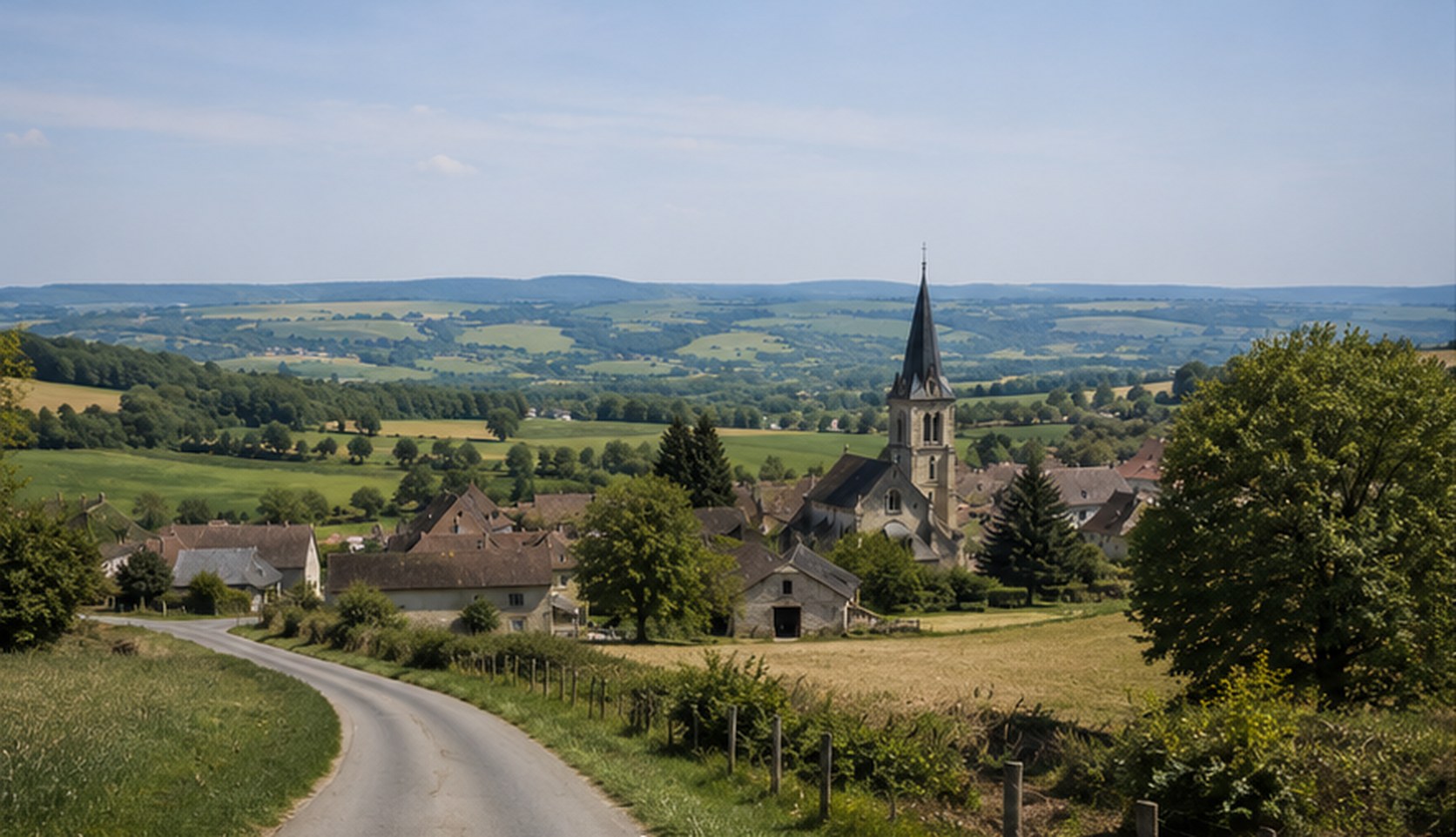 Village rural français, clocher et champs cultivés — photographie d'illustration